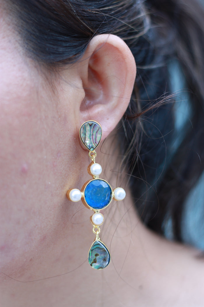 Abalone Blue Cross Pearl Studs