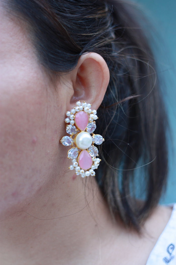 Pink Teardrop Crystal Pearl Earrings