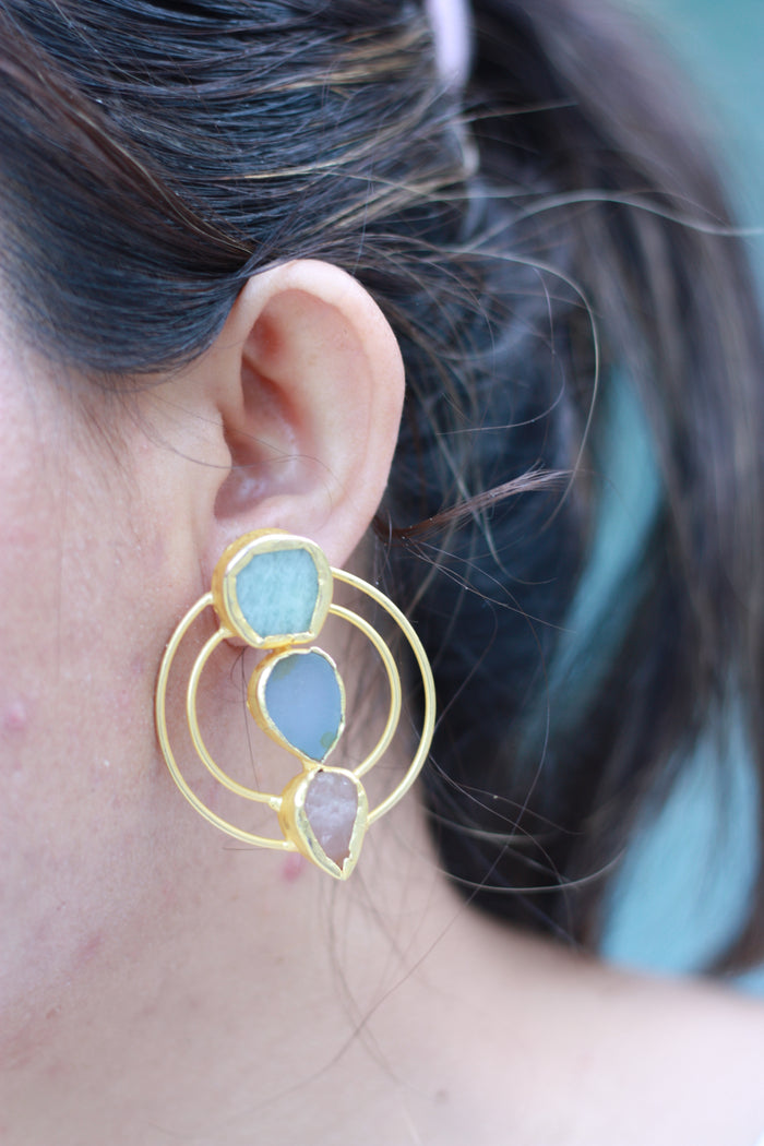 Aqua Rose Triple Stone Hoops