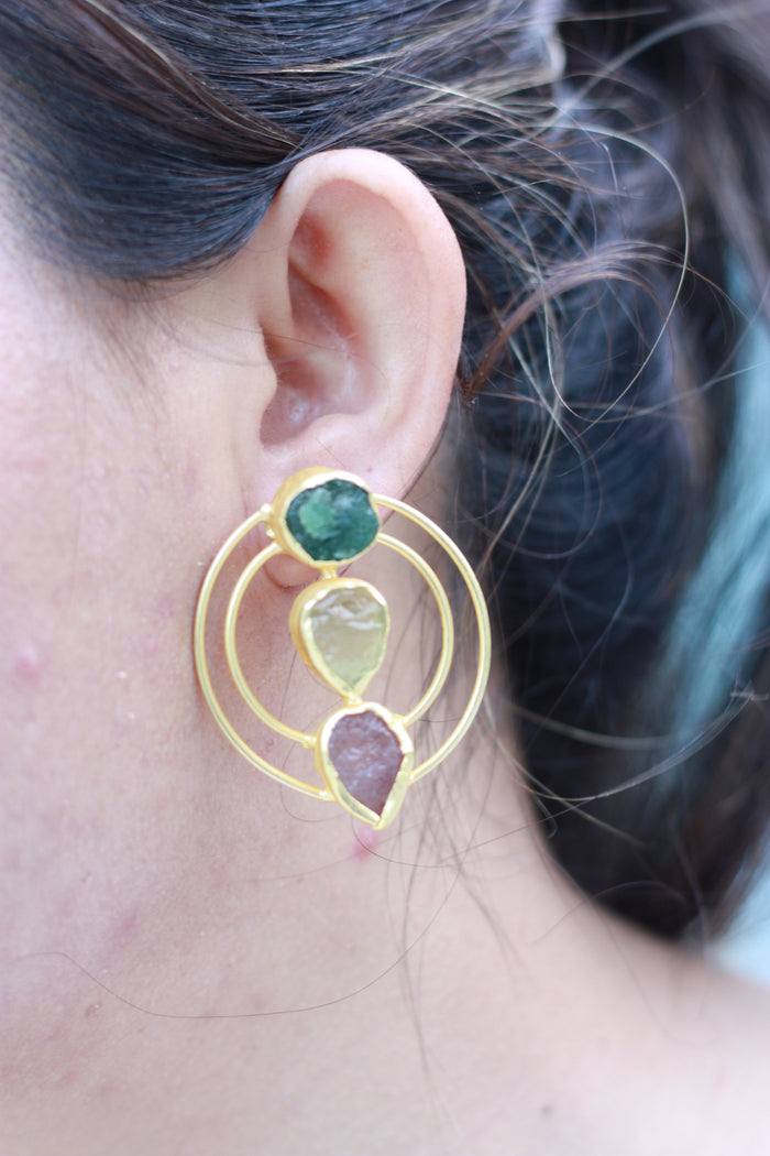 Green Citrine Rose Rough Hoops