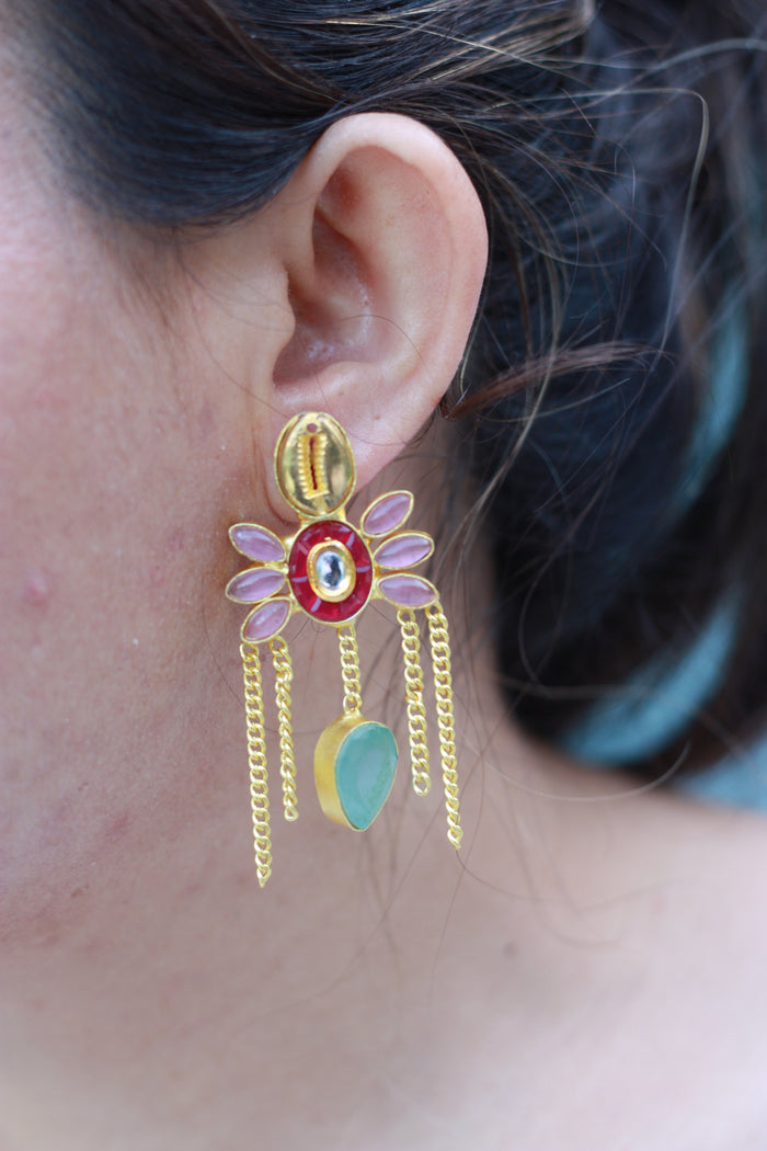 Pink Floral Jade Drop Earrings