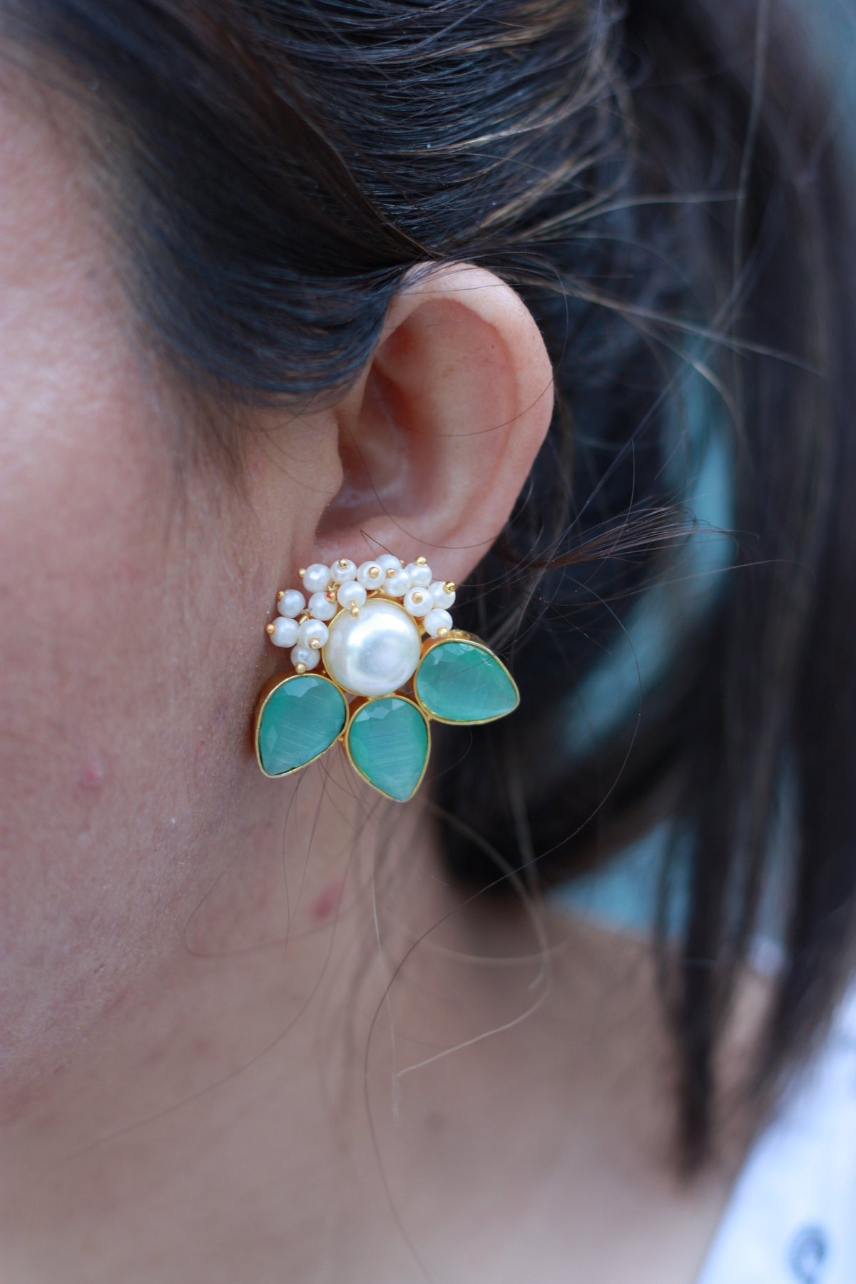 Aqua Teardrop Pearl Floral Studs