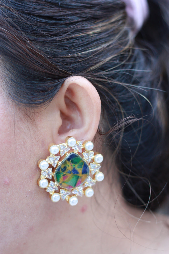 Turquoise Pearl Floral Wreath Studs