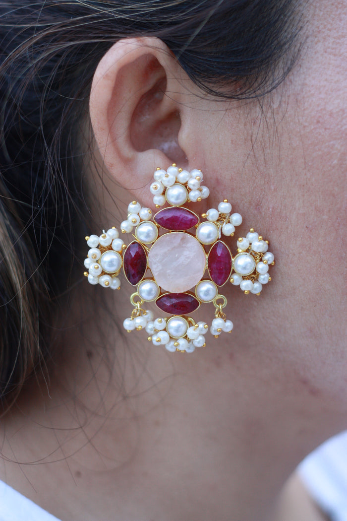 Rozé Cross Pearl & Ruby Statement Studs