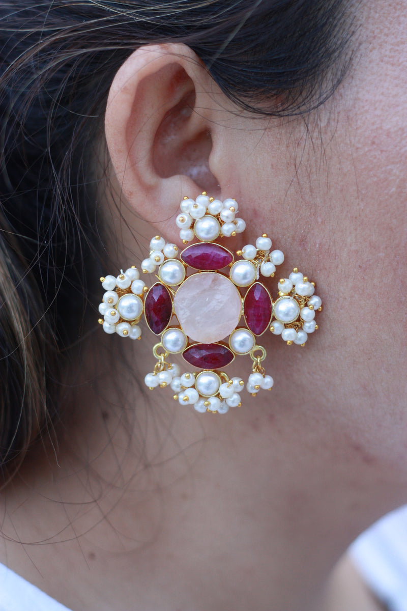 Rozé Cross Pearl & Ruby Statement Studs