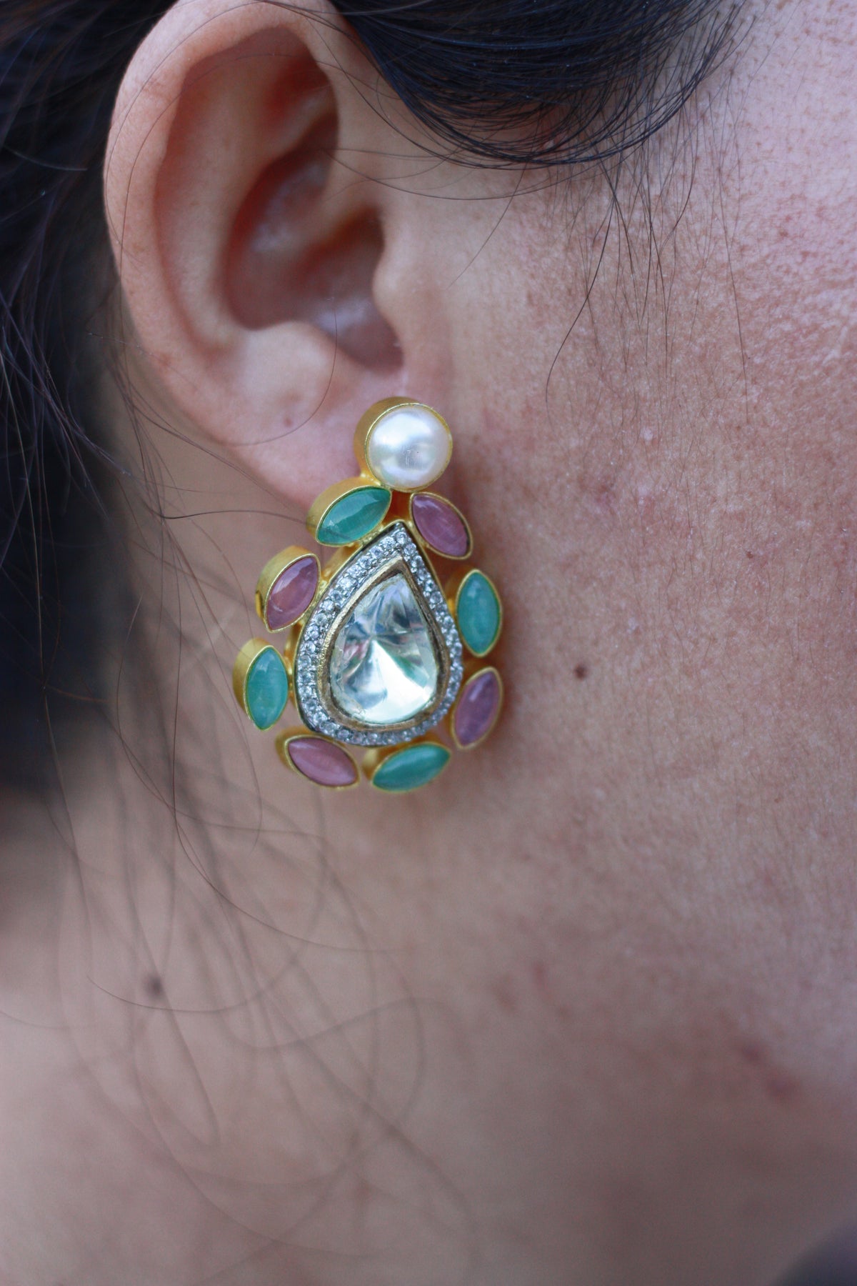 Pastel Polki Teardrop Studs