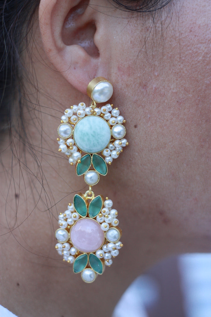 Green Onyx & Rose Quartz Pearl Drop Earrings