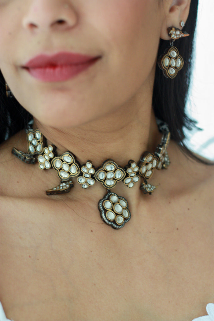 Antique Kundan Choker Set | Gold-Plated Uncut Glass Necklace and Earrings