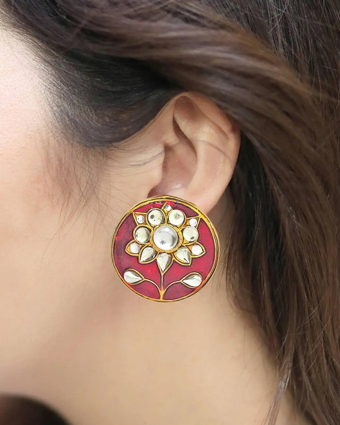 Kundan Circle Earrings (Crimson)- Handcrafted Jewellery from Dori