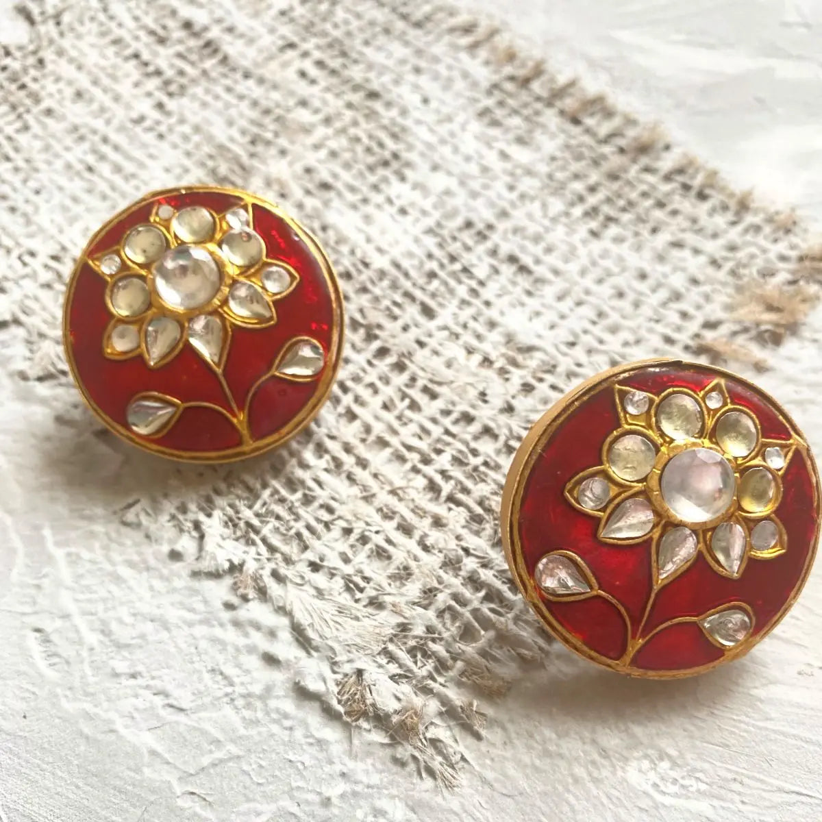 Kundan Circle Earrings (Crimson)- Handcrafted Jewellery from Dori