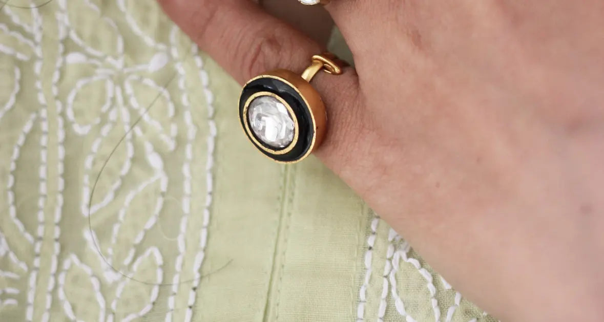 Kundan Floral Ring | Gold-Plated Green Stone Adjustable Cocktail Ringfrom Dori