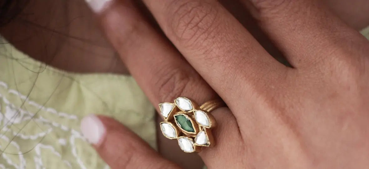 Kundan Floral Ring | Gold-Plated Green Stone Adjustable Cocktail Ringfrom Dori