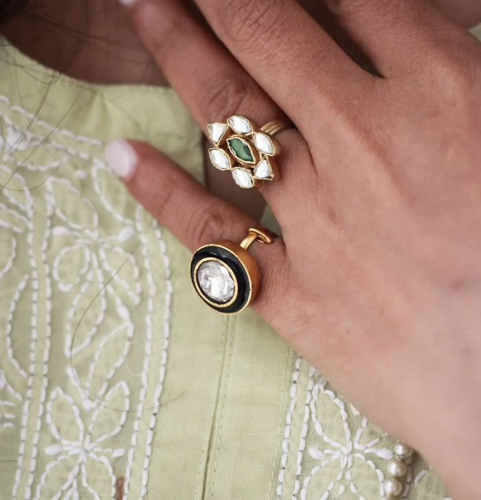 Kundan Floral Ring | Gold-Plated Green Stone Adjustable Cocktail Ringfrom Dori
