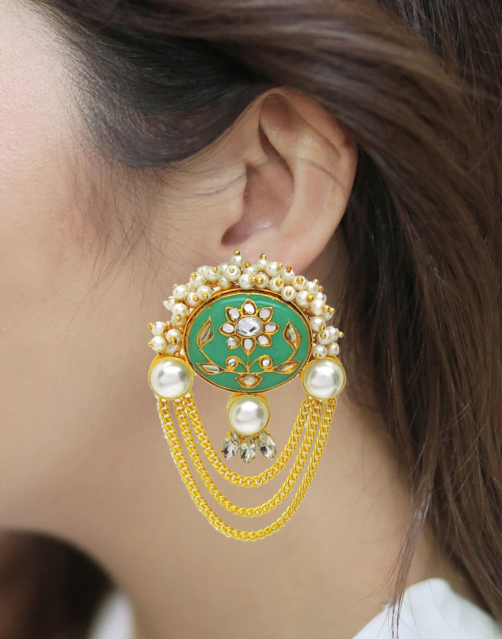 Kundan Chain Earrings - Statement Earrings - Gold-Plated & Hypoallergenic Jewellery - Made in India - Dubai Jewellery - Dori