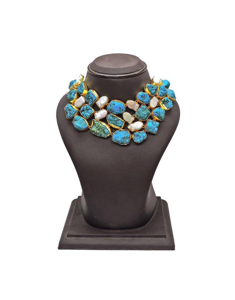 Statement Bib Necklace (Turquoise) - Statement Necklaces - Gold-Plated & Hypoallergenic Jewellery - Made in India - Dubai Jewellery - Dori