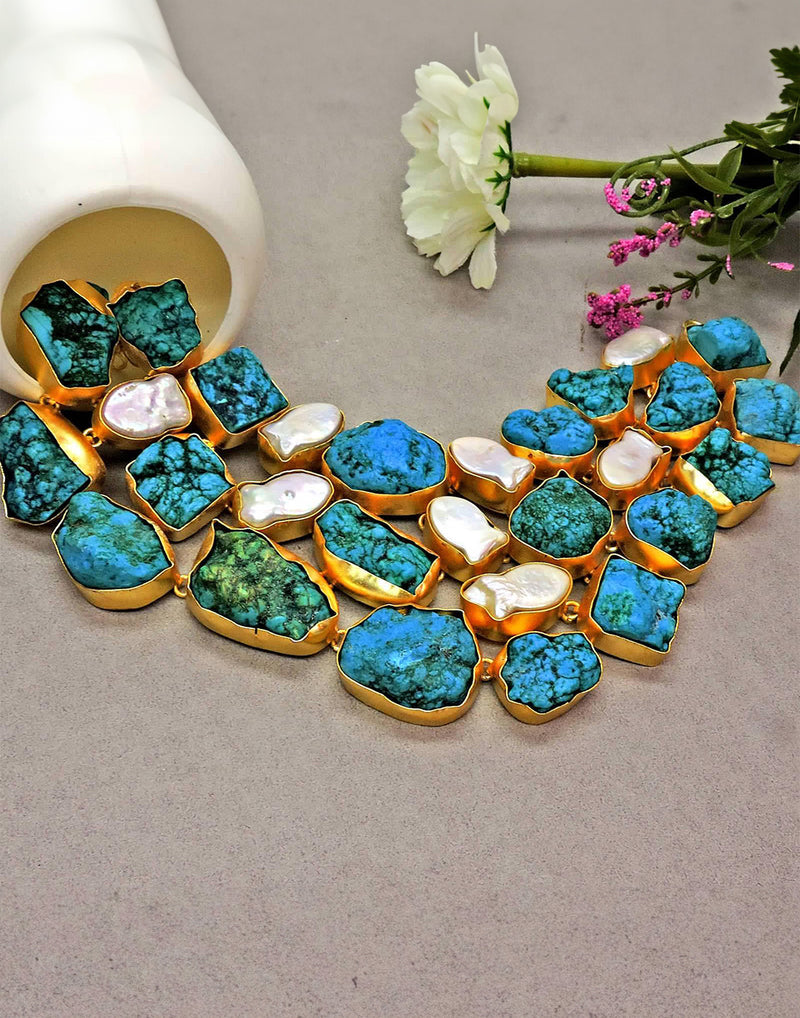Statement Bib Necklace (Turquoise) - Statement Necklaces - Gold-Plated & Hypoallergenic Jewellery - Made in India - Dubai Jewellery - Dori