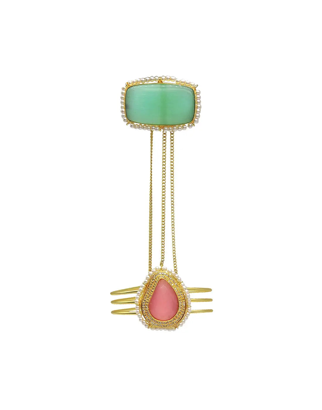Teardrop Hand Harness | Pink & Orange - Statement Hand Harness - Gold-Plated & Hypoallergenic Jewellery - Made in India - Dubai Jewellery - Dori