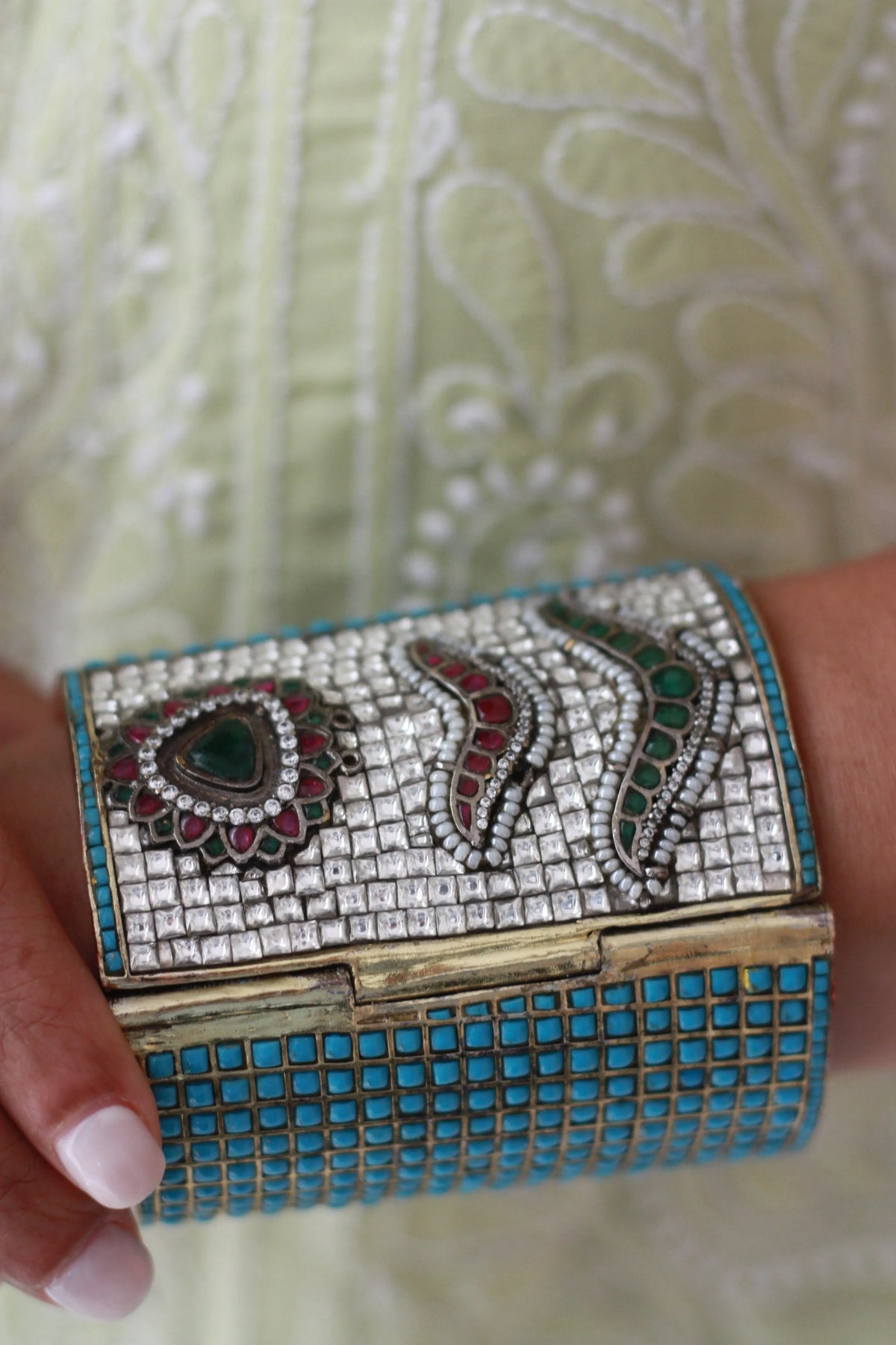 Turquoise Inlay Kundan Cuff | Handcrafted Statement Heritage Banglefrom Dori
