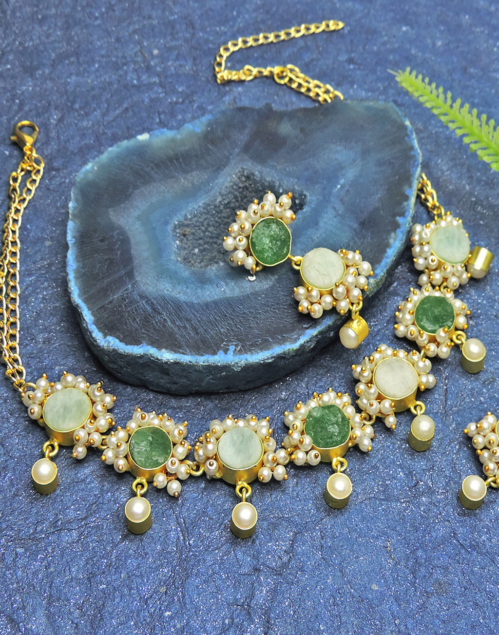 Amazonite & Fluorite Dangle Necklace - Statement Necklaces - Gold-Plated & Hypoallergenic Jewellery - Made in India - Dubai Jewellery - Dori