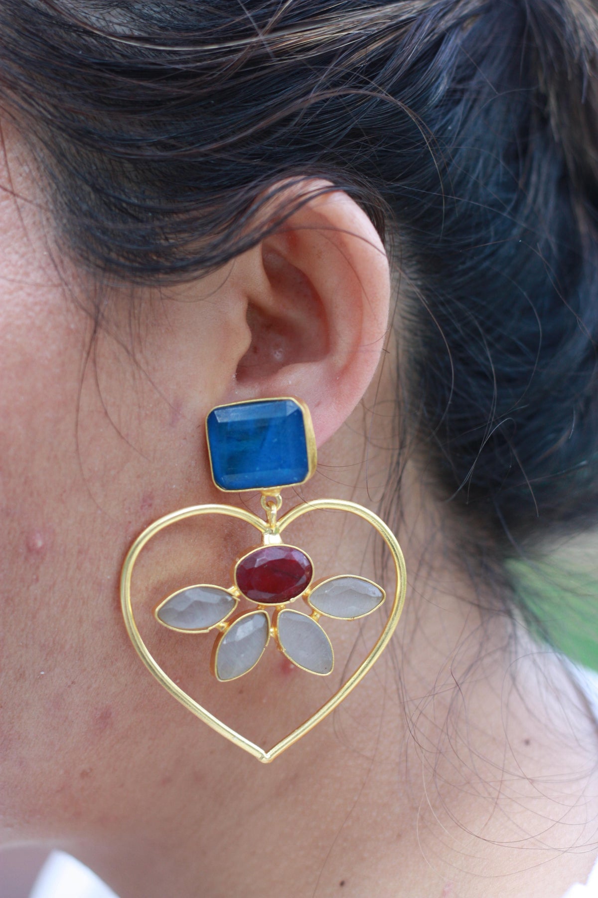 Blue Ruby Heart Frame Earring