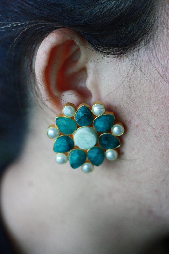 Teal Floral Pearl Stud Earrings