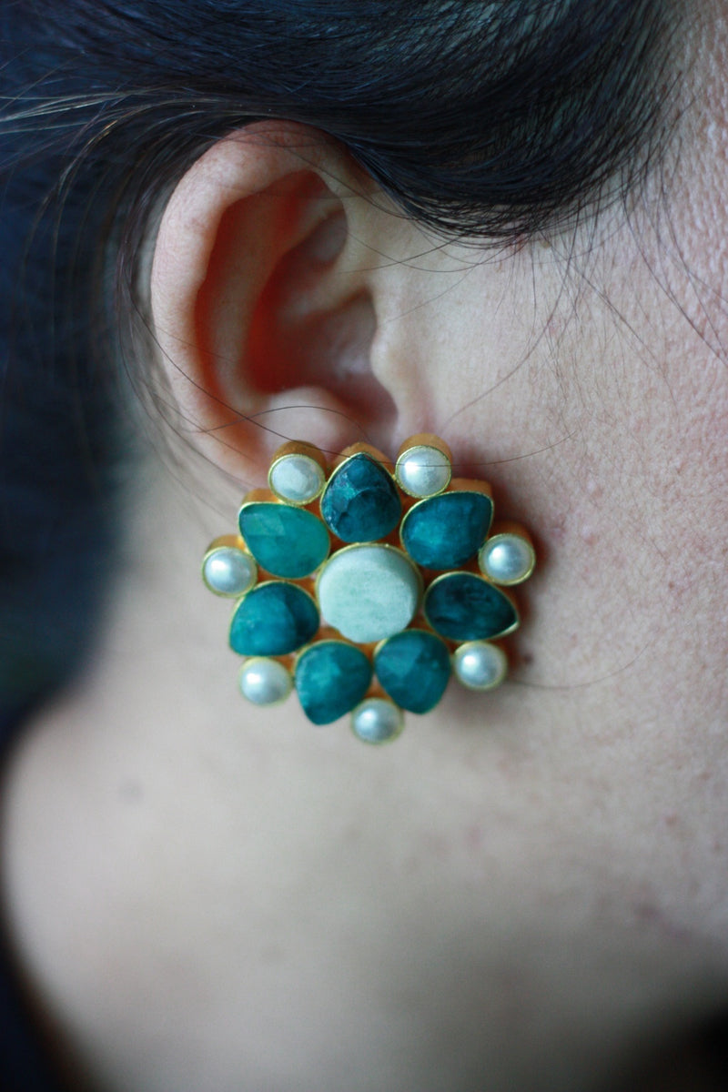 Teal Floral Pearl Stud Earrings