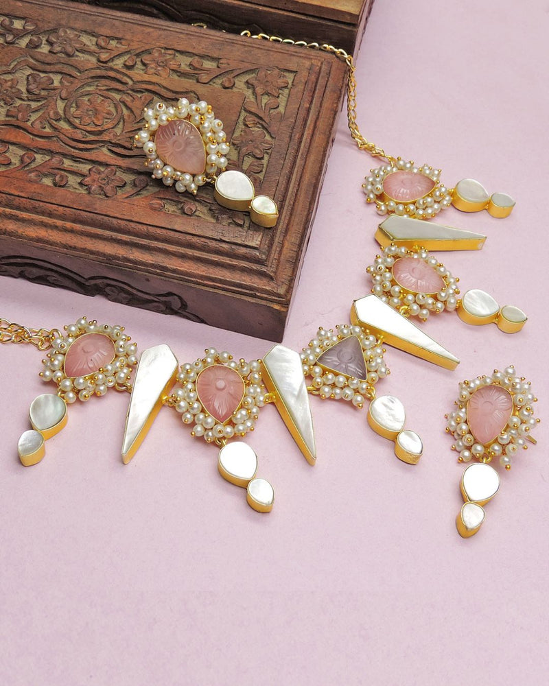 Rose Quartz & MOP Bloom Necklace / Set - Necklaces - Handcrafted Jewellery - Made in India - Dubai Jewellery, Fashion & Lifestyle - Dori