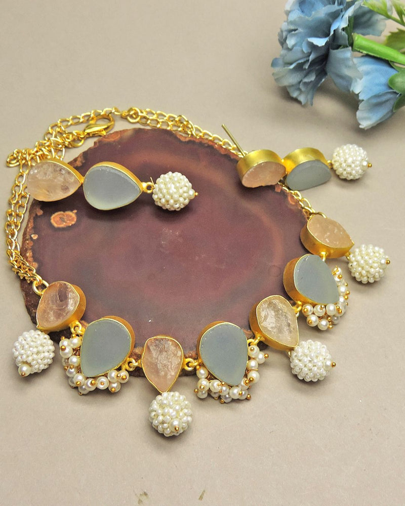 Blue Onyx & Rose Quartz Bloom Necklace / Set