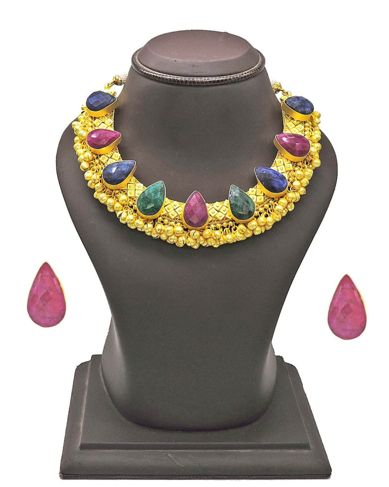 Eleanor Assorted Stone Necklace & Tear Stud Earrings Set - Necklace - Earrings - Handcrafted Jewellery - Made in India - Dubai Jewellery, Fashion & Lifestyle - Dori