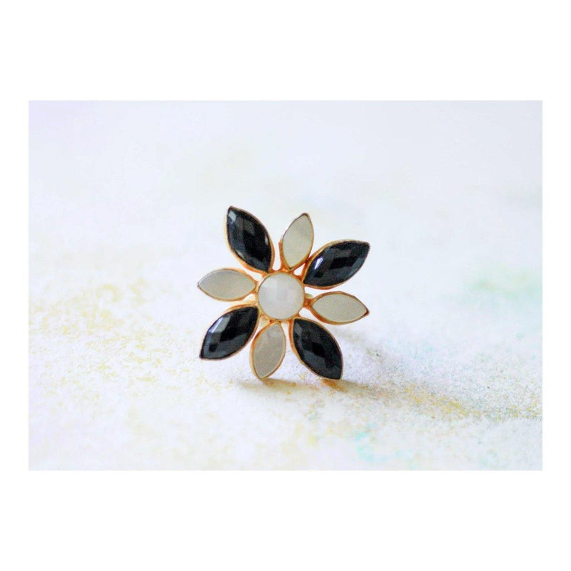 Classic Floral Ring in Moonstone & Onyx - Rings - Handcrafted Jewellery - Dori
